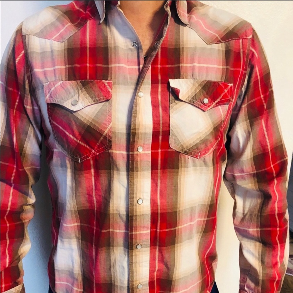 Red and white striped down button up shirt